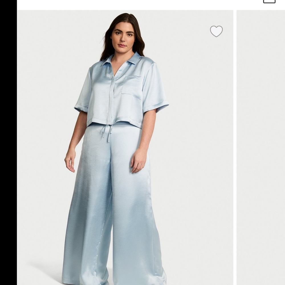 Light Blue Satin Two-Piece Set Luxe Satin Boxy Cropped Long Pajama Set m regular